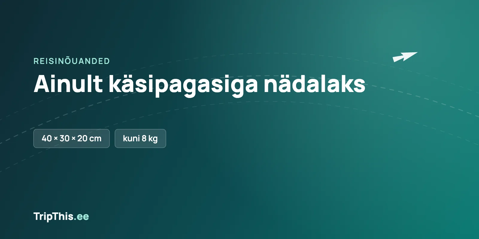 TripThis.ee illustratsioon tumerohelisel taustal kirjaga „Ainult käsipagasiga nädalaks“ ning siltidega 40 × 30 × 20 cm ja kuni 8 kg